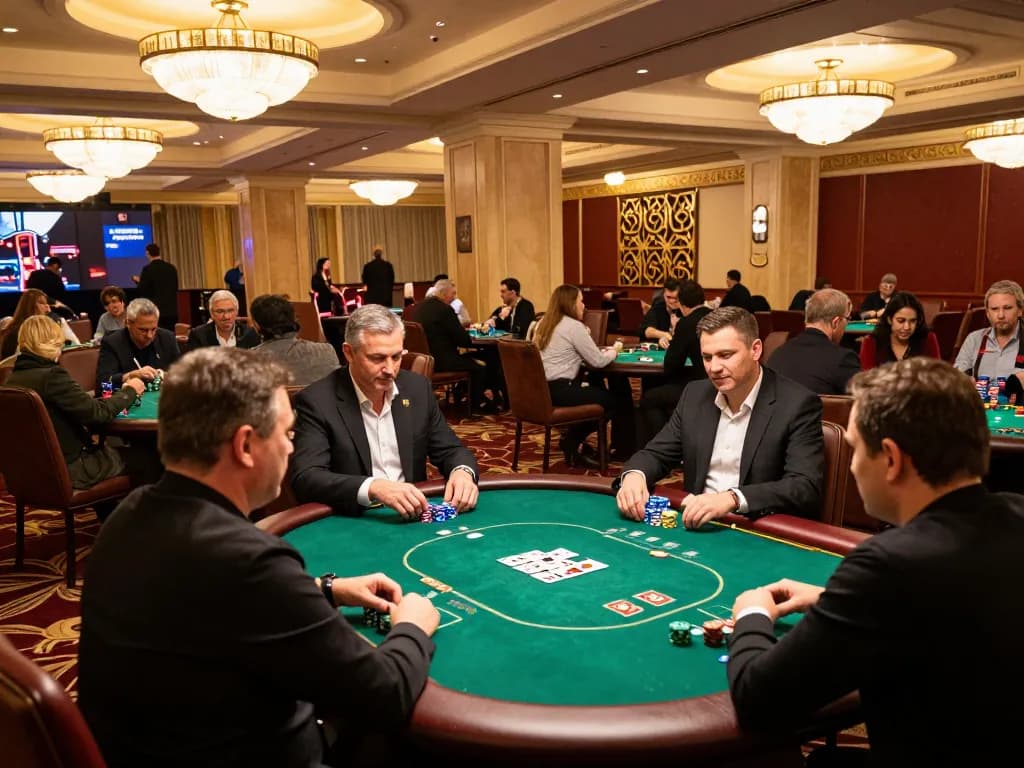 Players engaged in a thrilling poker game at LV88 casino, showcasing excitement and strategy.