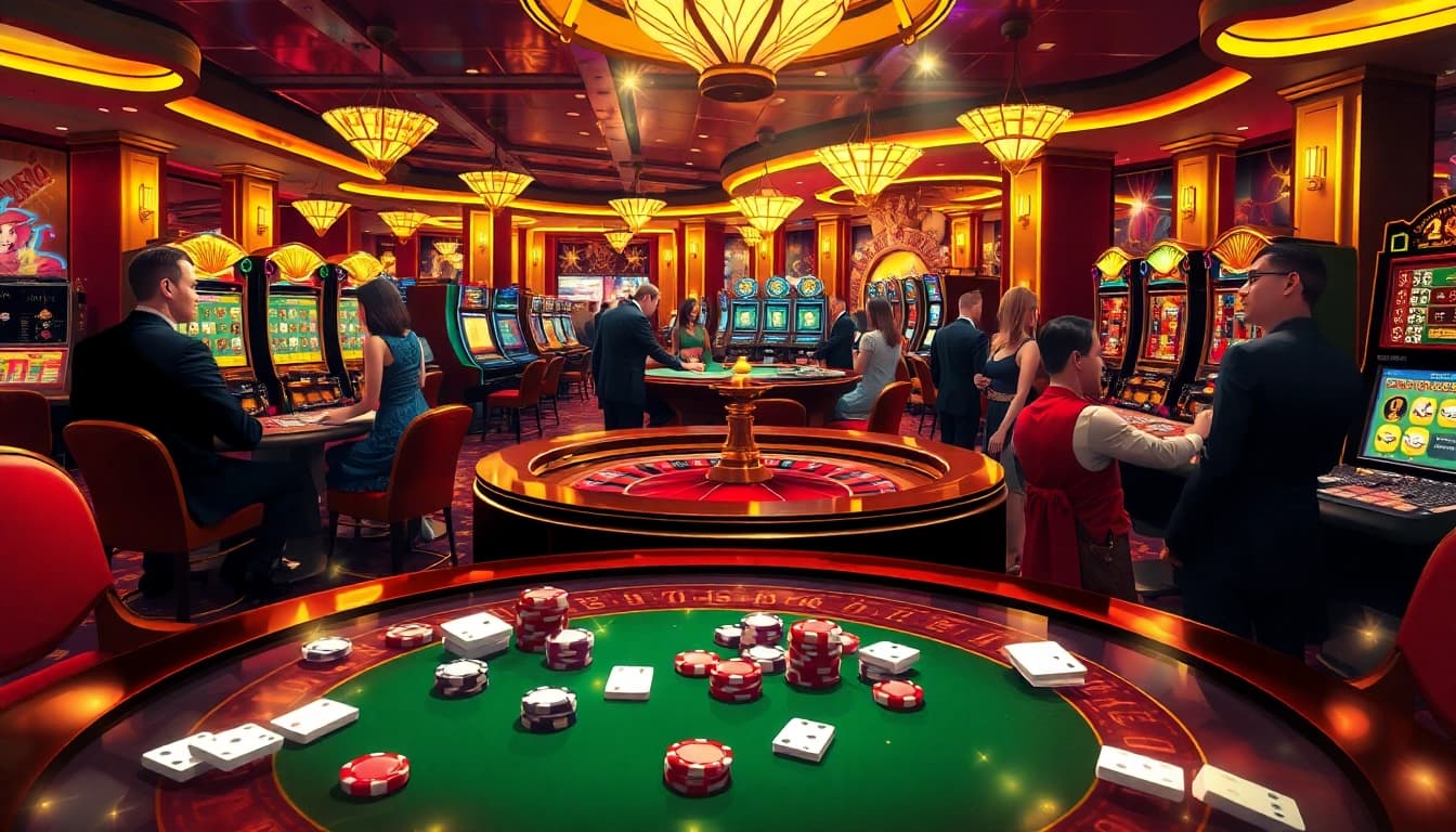 A luxurious casino scene showcasing lc88, featuring roulette tables, poker chips, and excited players.