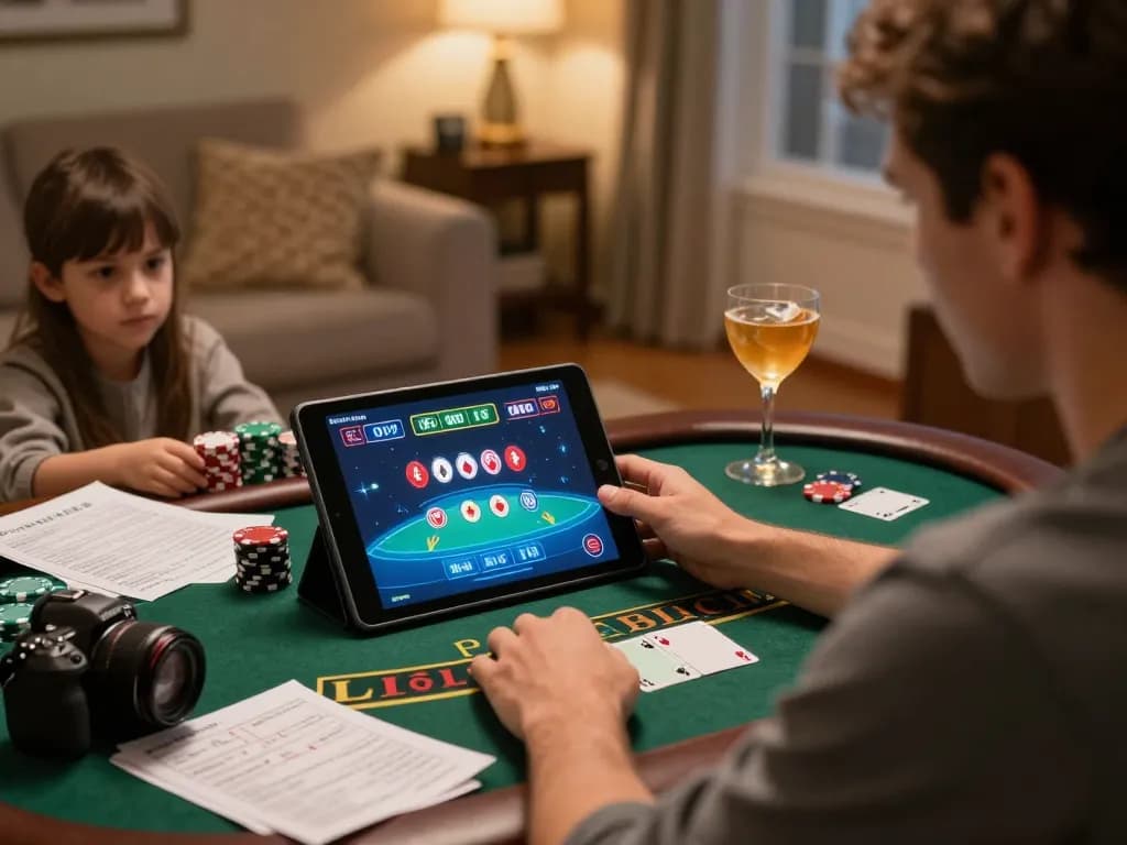 Gambler engaging in live dealer blackjack on a tablet at home, experiencing the excitement of au88 online gaming.