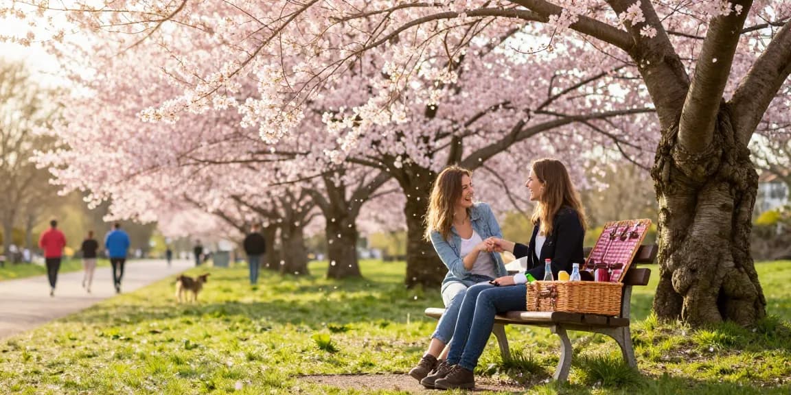 A couple sharing a crush on a park bench, enjoying a spring afternoon surrounded by blooming trees.