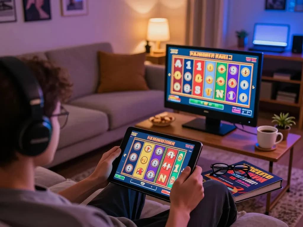 Playing toto slot on a tablet in a cozy home, showcasing immersive online gaming experience