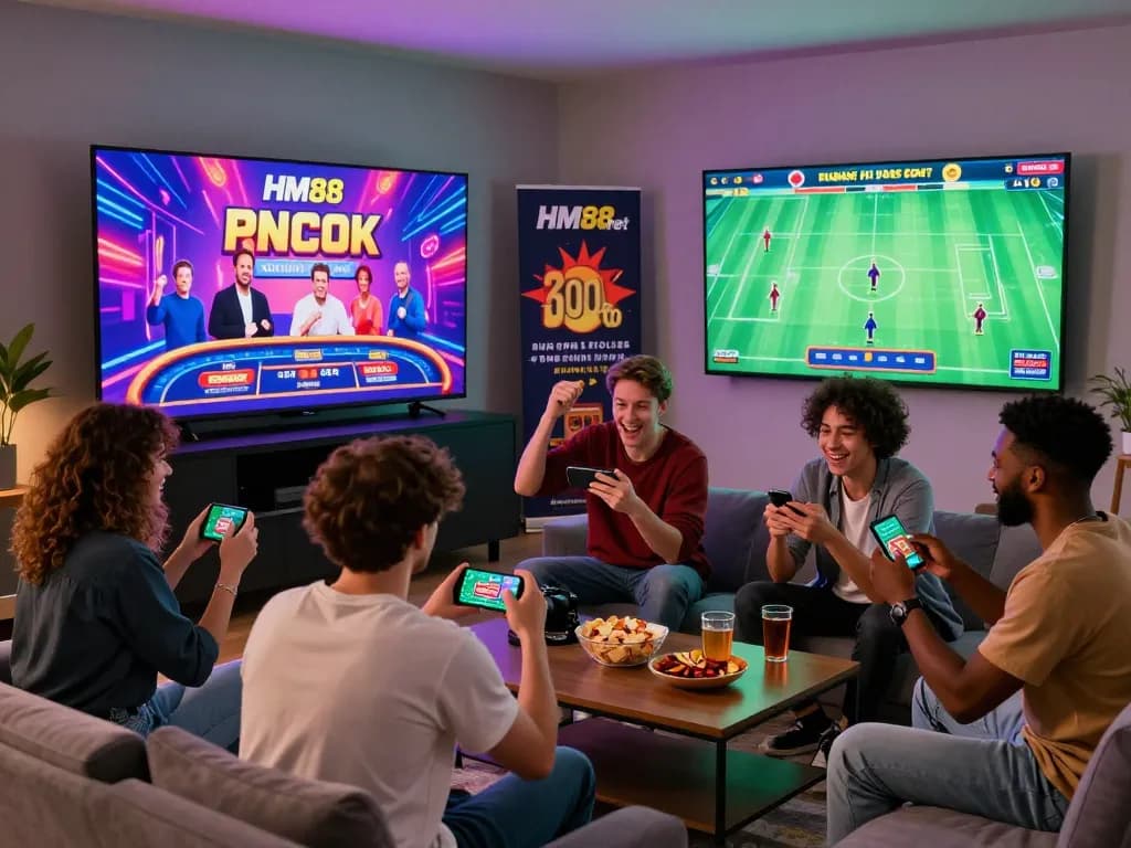 Friends enjoying casino games on HM88 net in a lively home setting, showcasing excitement and interactive gaming atmosphere.