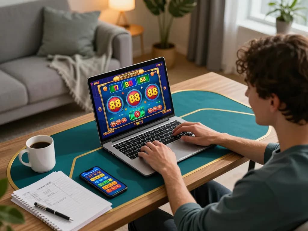 Engaging online gameplay featuring Go 88 slots in a cozy home setup with warm lighting.