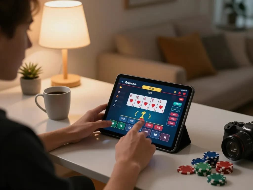 Engaging moment as players truy cập LUCK8 online casino on tablet, showcasing dynamic poker gameplay.