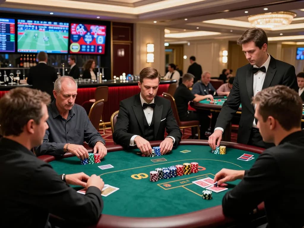 Exciting gaming atmosphere at SBOBET88 casino, gamblers at poker table, vibrant lighting.
