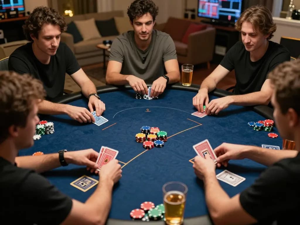 Jeetbuzz poker players engaging in a competitive game with colorful chips and warm ambiance at home.