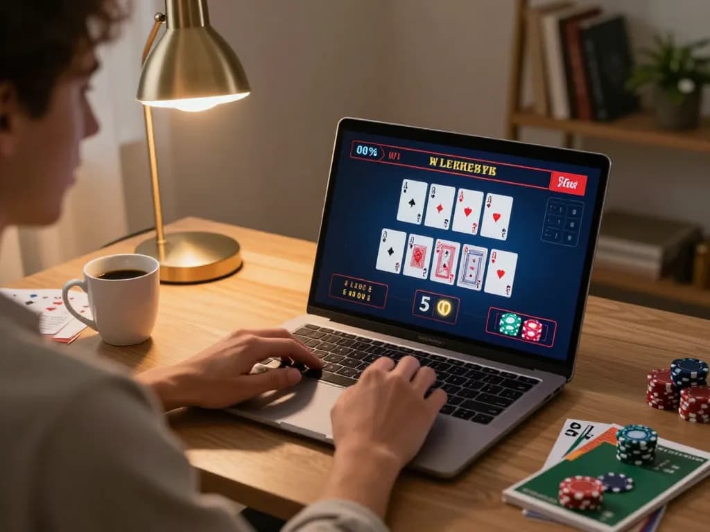 Player engaging in online blackjack casino games with vk88 app on laptop in cozy setting