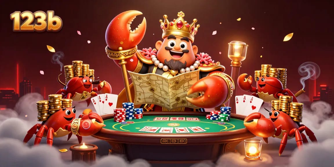 Experience excitement with 123b, featuring a golden crab emperor amidst poker elements, vibrant casino theme.