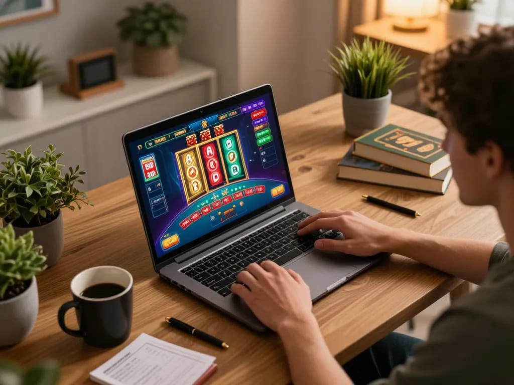 Terlibat dalam judi online yang strategis, pengaturan permainan tjroeng yang memamerkan antarmuka poker di laptop