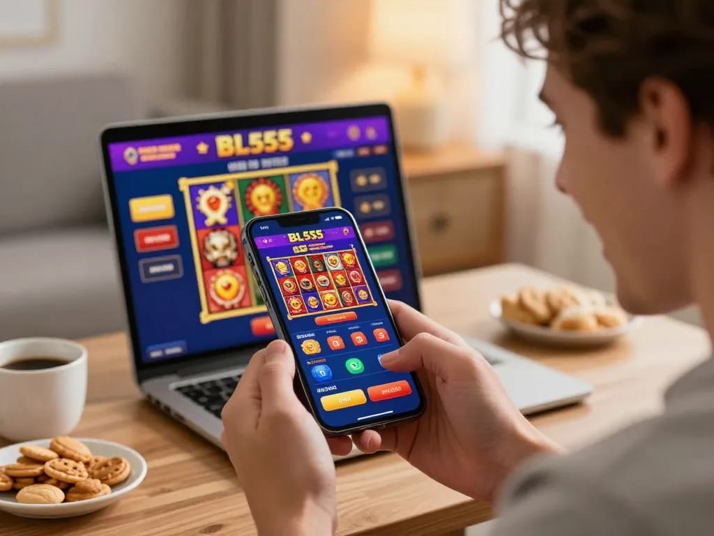Player celebrating a win on the BL555 app, showcasing excitement in a cozy home setup.