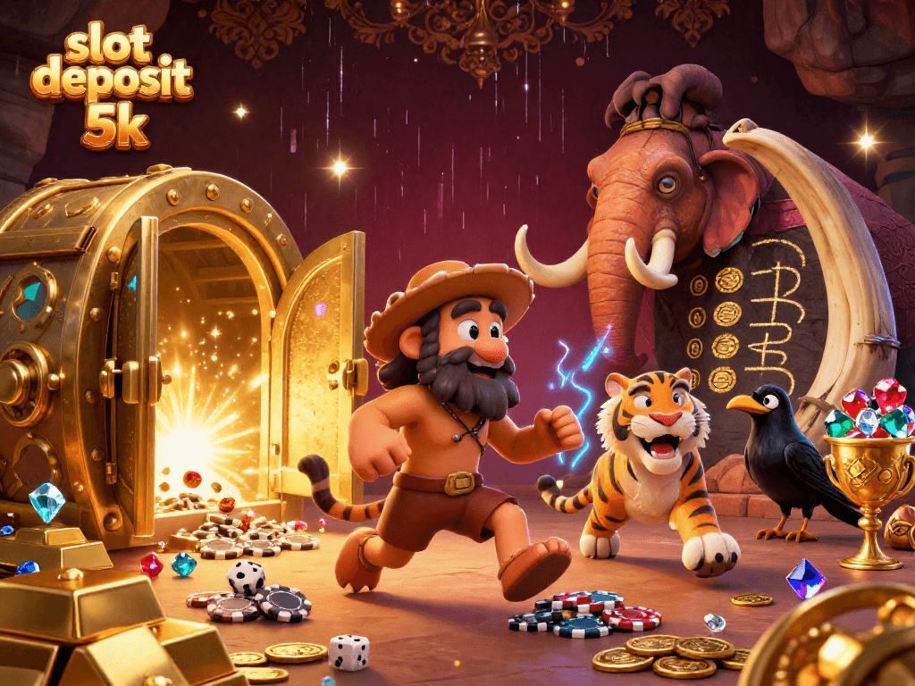 Join the excitement at a prehistoric casino with slot deposit 5k special highlights in this vivid illustration.