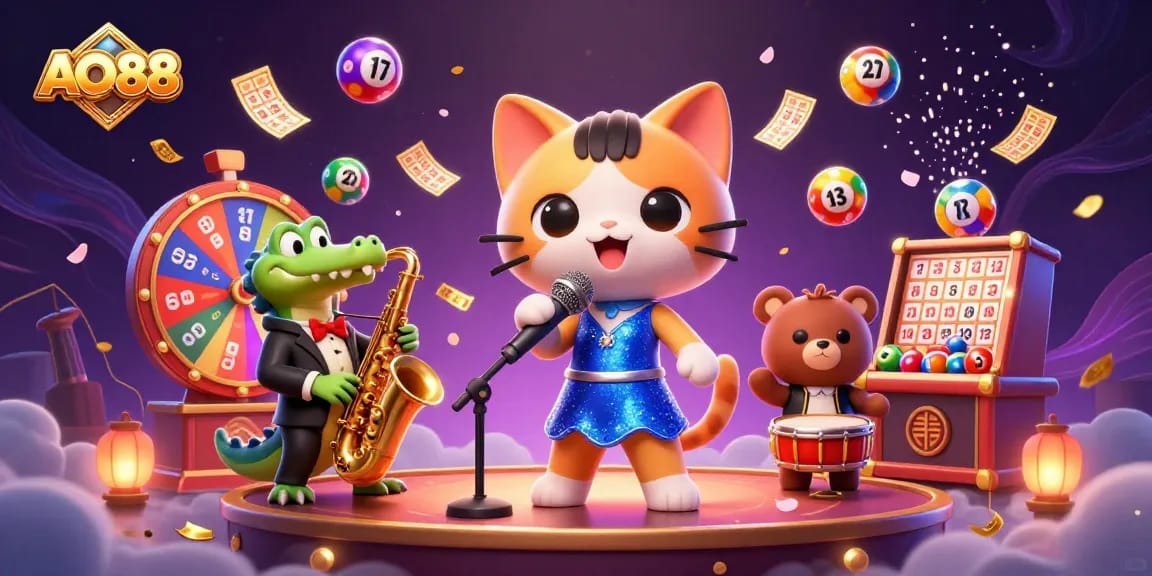 Engage with AO88 in a vibrant casino scene featuring a jazz-singer cat and colorful game elements.
