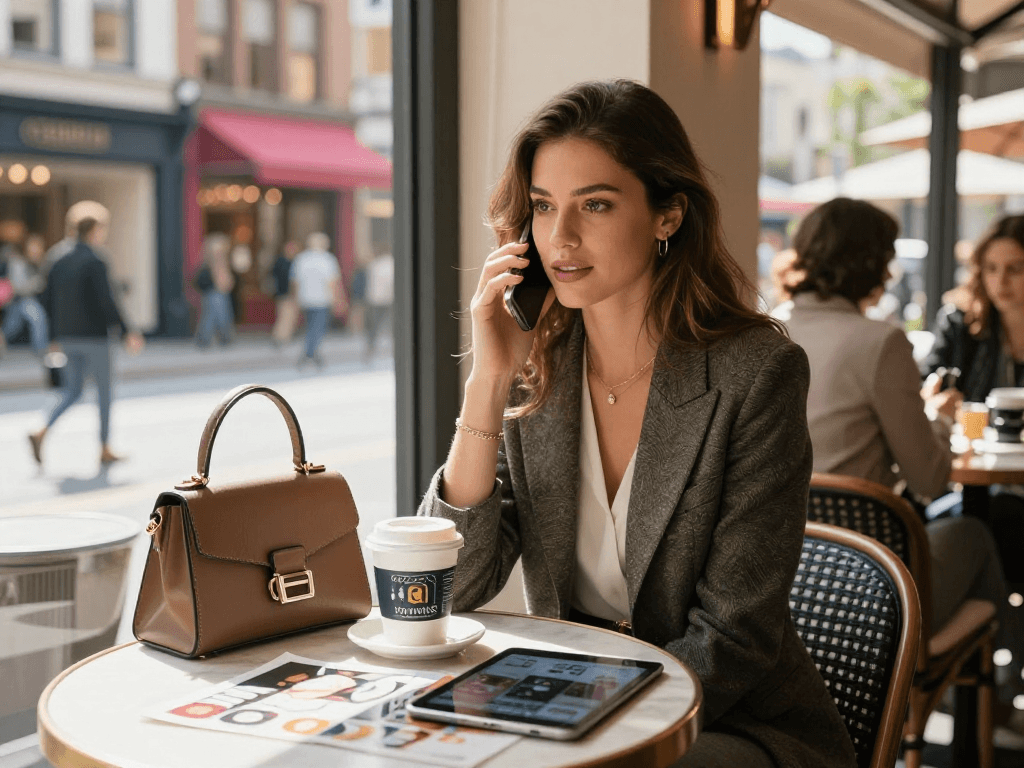 Gái gọi đang trò chuyện qua điện thoại tại quán café sang trọng giữa phố thị náo nhiệt.