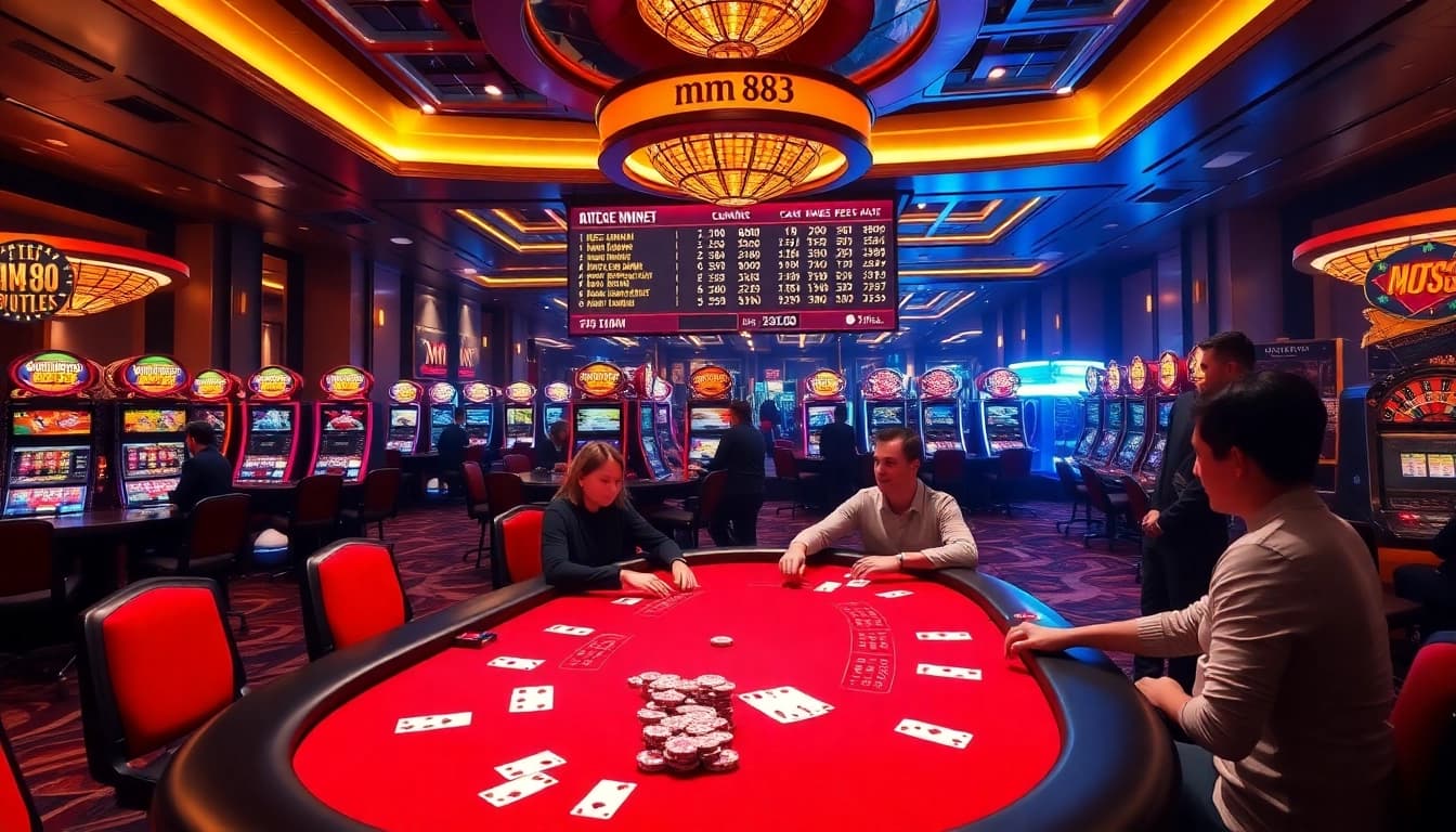 Experience high-stakes excitement at mm 88's casino tables with vibrant gaming elements.