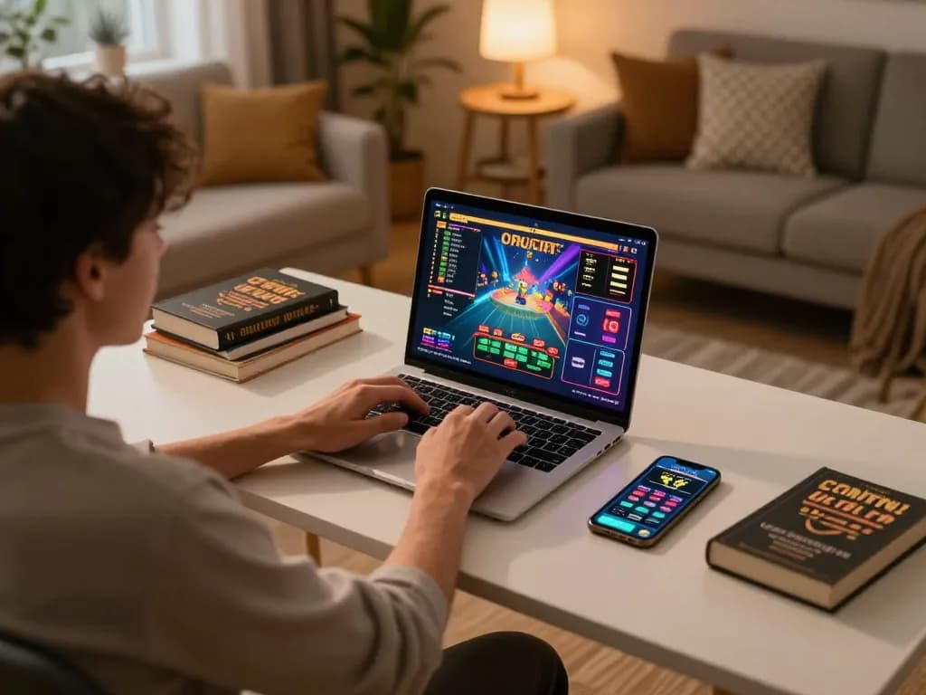 Goal 123 user engaging in online casino gaming at home, surrounded by strategic gambling elements.