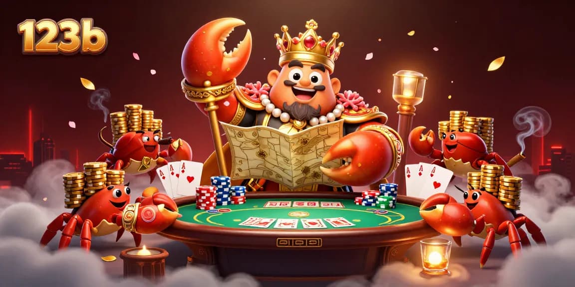 Experience excitement with 123b, featuring a golden crab emperor amidst poker elements, vibrant casino theme.