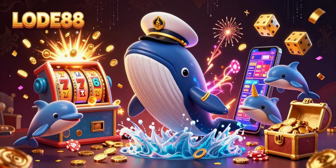 Engage in exciting gaming with LODE88 amidst a whale, dolphins, and slot machines.
