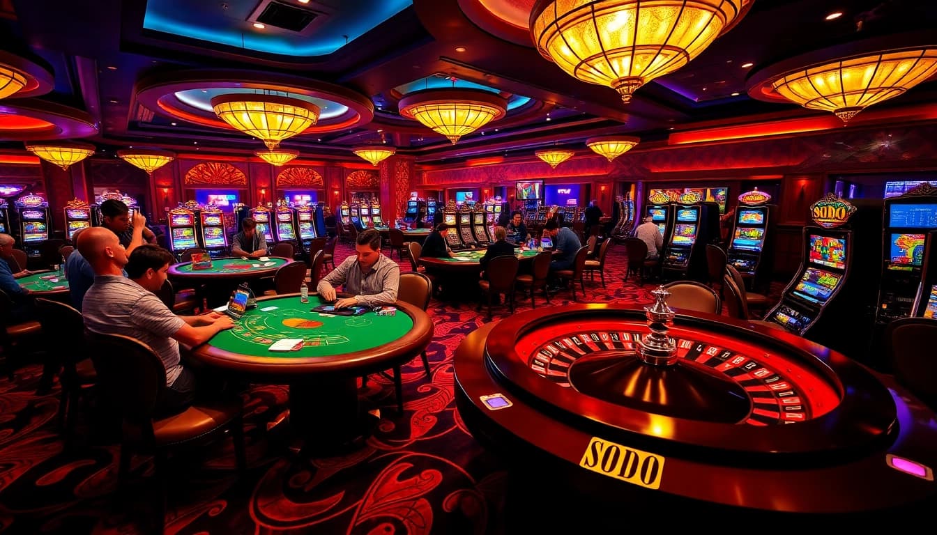 SODO casino players engaging in an exciting poker game at a luxurious gambling table.