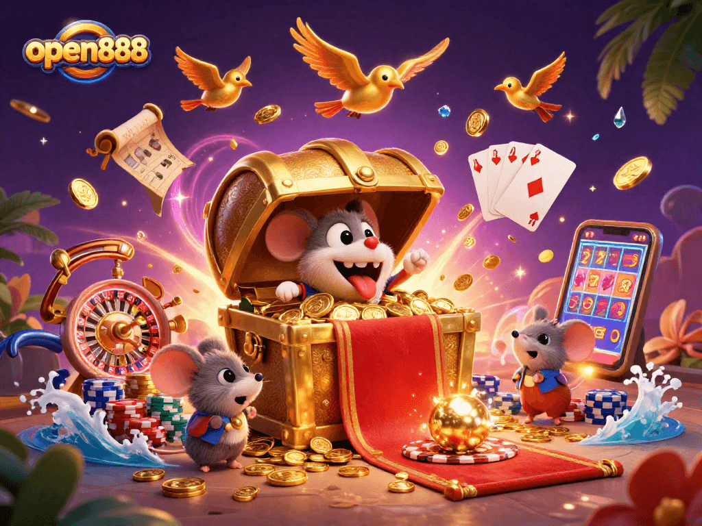 Engage with open888's thrilling gaming elements through vibrant 3D casino illustration and interactive adventures.