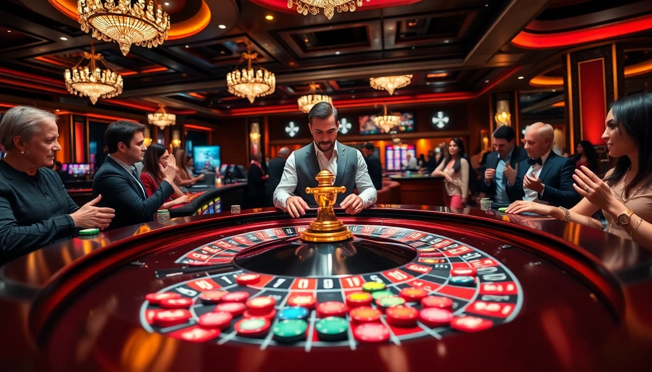 Engaging scene at casino highlighting Nova88 alternate link Malaysia with players around a roulette table.