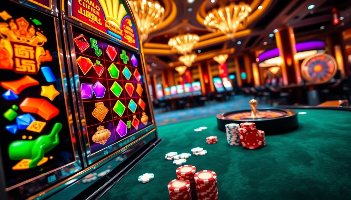 Nổ Hũ Đổi Thưởng on a vibrant slot machine, with excited players and casino chips, illustrating winning moments.