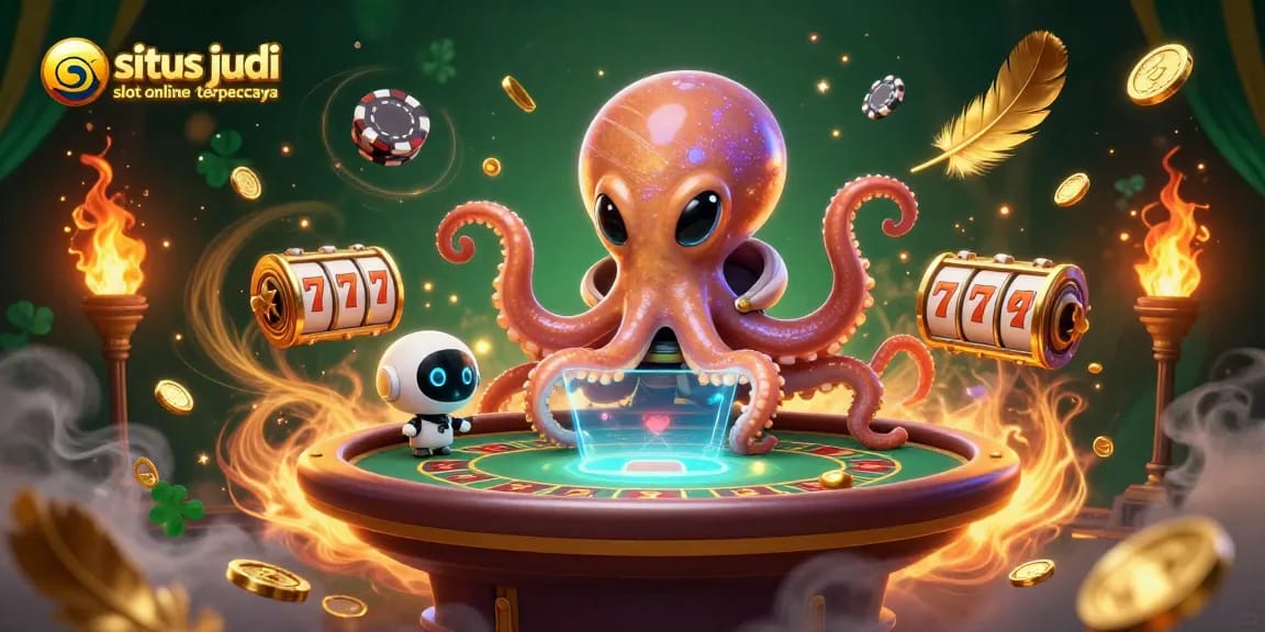 Engage with situs judi slot online terpercaya through an exciting 3D illustration featuring a gaming octopus and robot amidst vibrant casino elements.