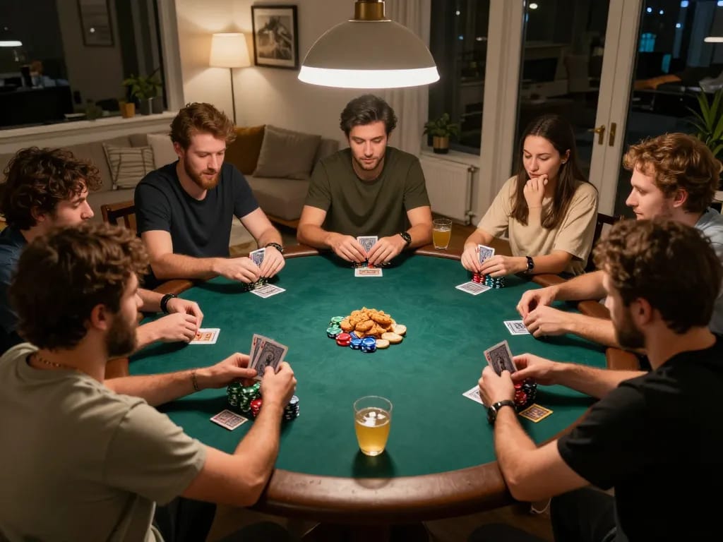 Malam poker di rumah yang menarik menunjukkan teman-teman bermain kartu dan bertaruh, menangkap esensi WOLES88 dalam suasana yang nyaman.