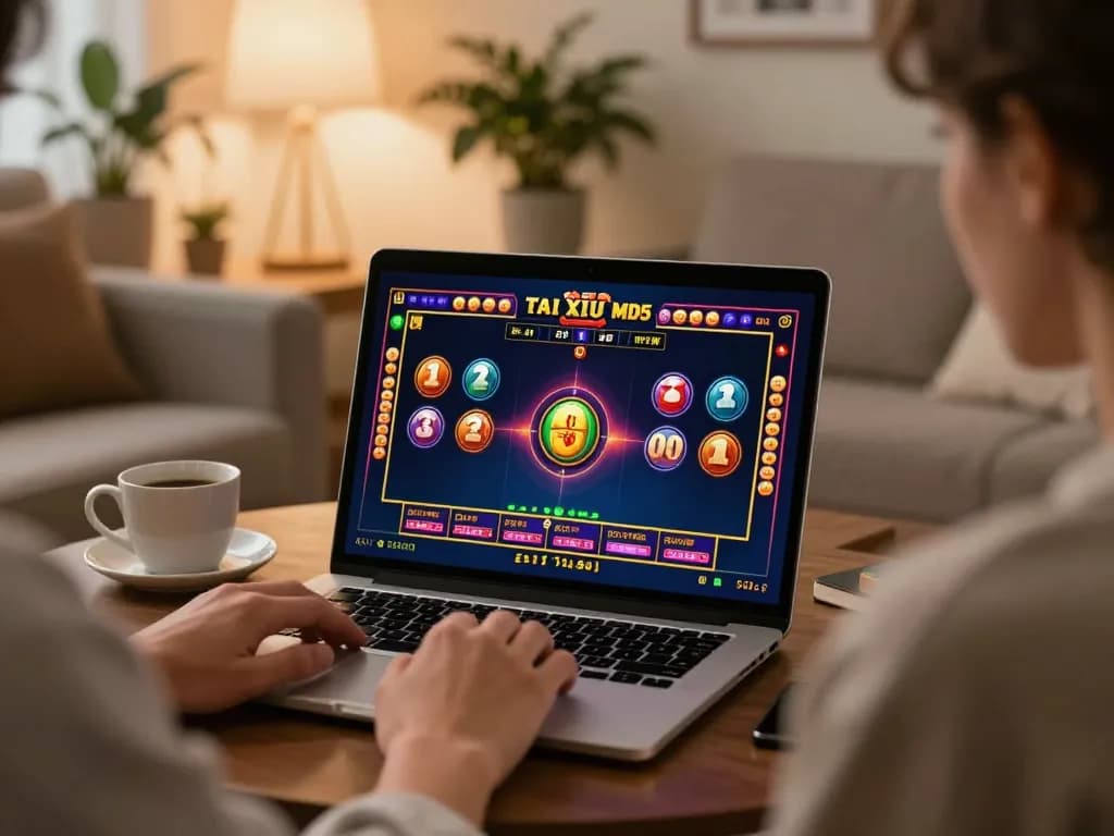 Player engaging in Tai Xiu MD5 online game using a laptop in a cozy living room setting.