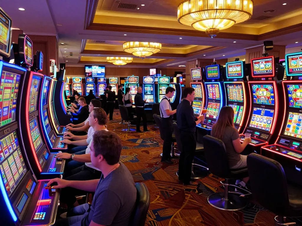 Players engaging with colorful slot machines in a lively casino atmosphere