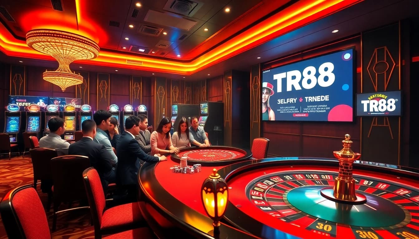 Experience the excitement of TR88 gaming with players around a poker table in a luxurious casino.