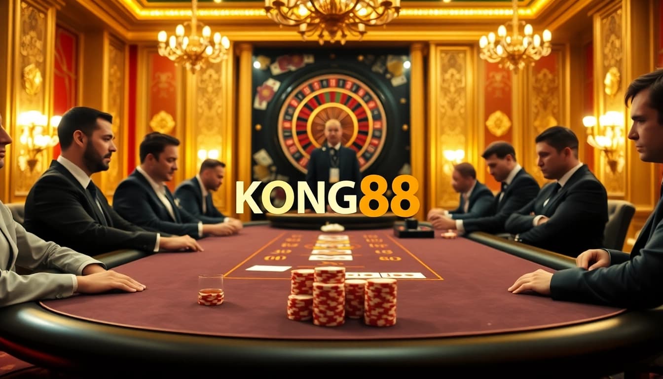 KONG88 casino scene with poker players, chips, cards, and a roulette wheel in a luxurious setting.