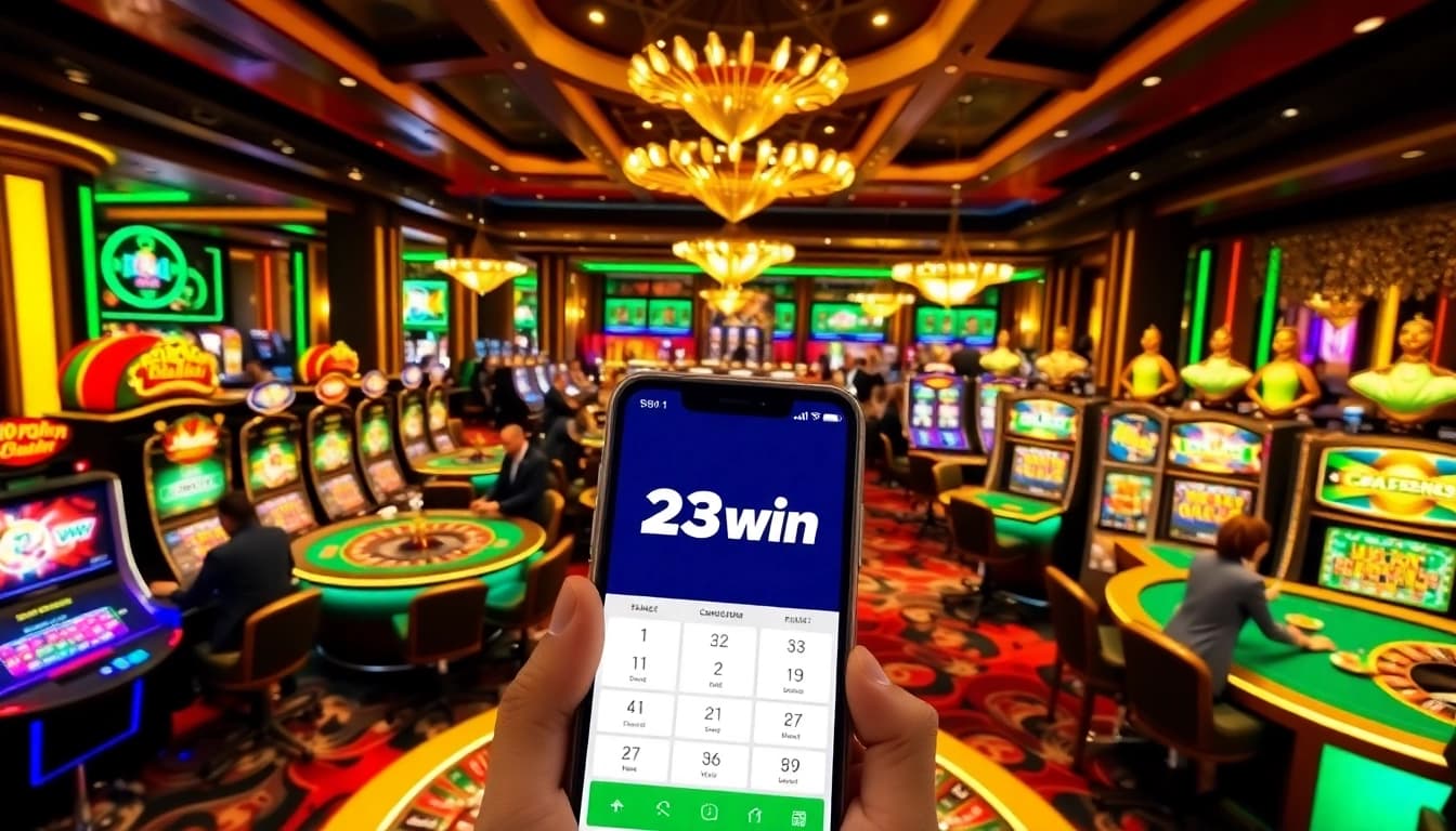 Experience the excitement of 23win with players enjoying various casino games in a vibrant setting.