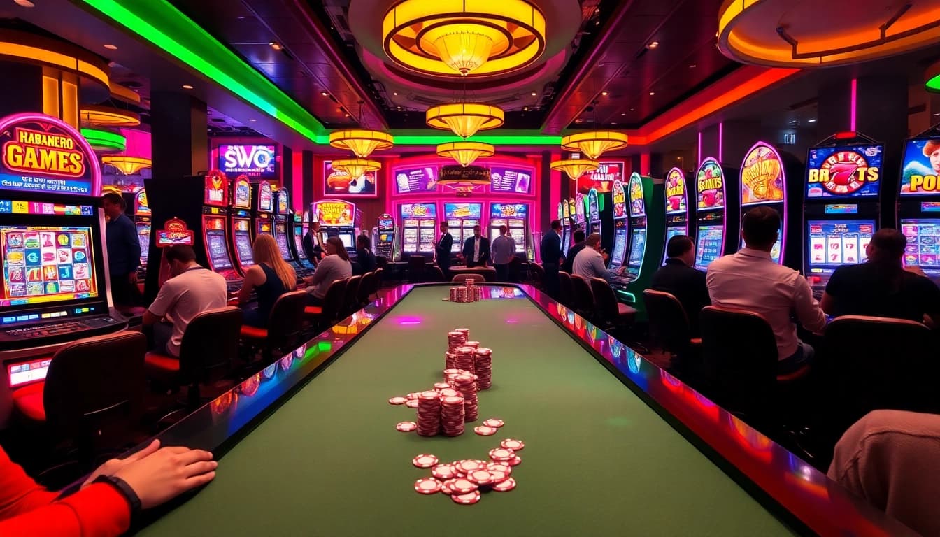 Players enjoying Habanero Games at a vibrant casino table filled with excitement.