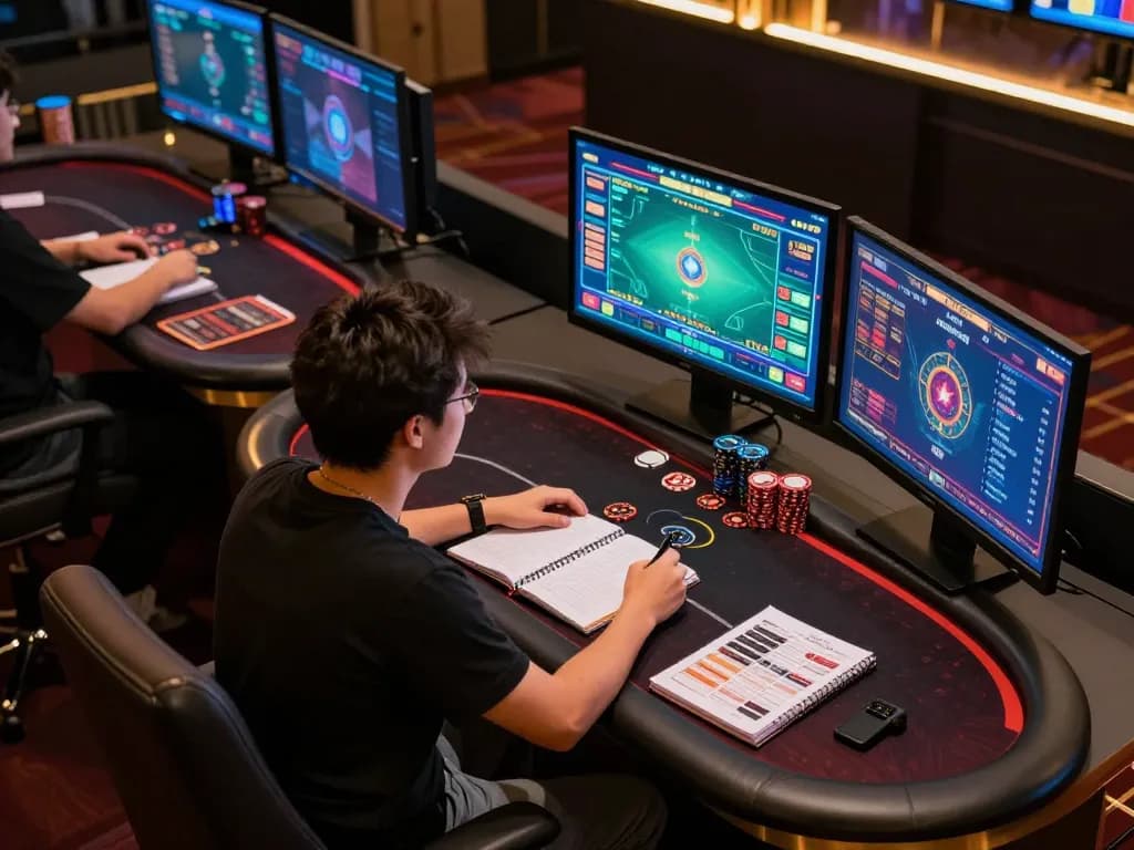 Player strategizing for winning at 100vip online gambling setup with multiple screens.