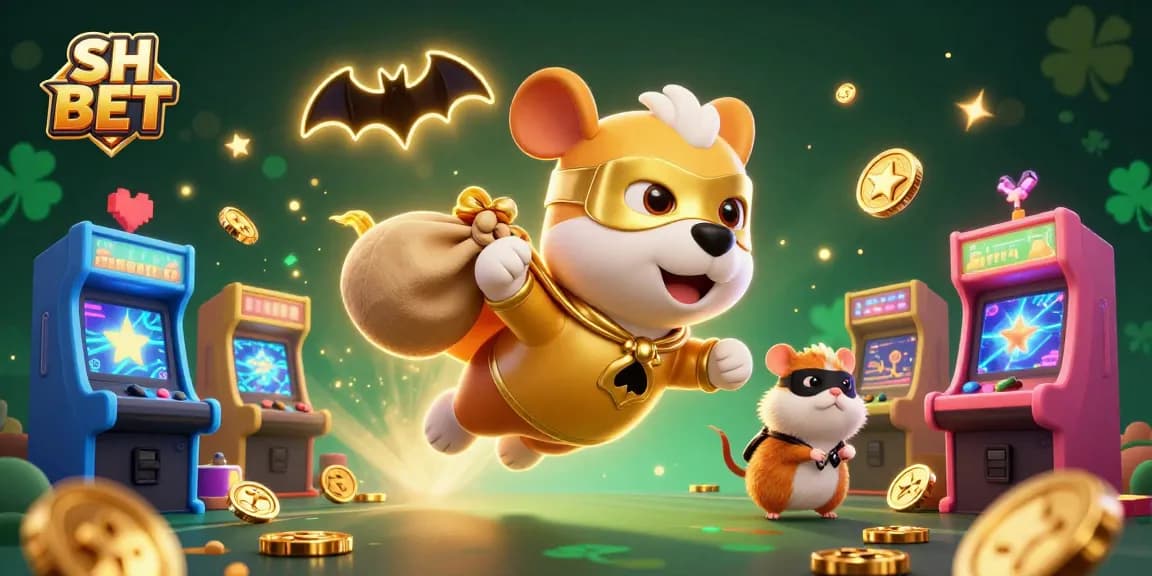 Join the excitement at SH BET as a superhero dog and hamster soar through a vibrant casino universe!