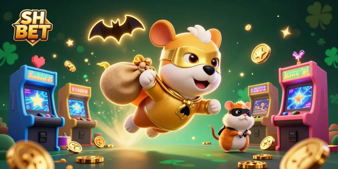 Join the excitement at SH BET as a superhero dog and hamster soar through a vibrant casino universe!