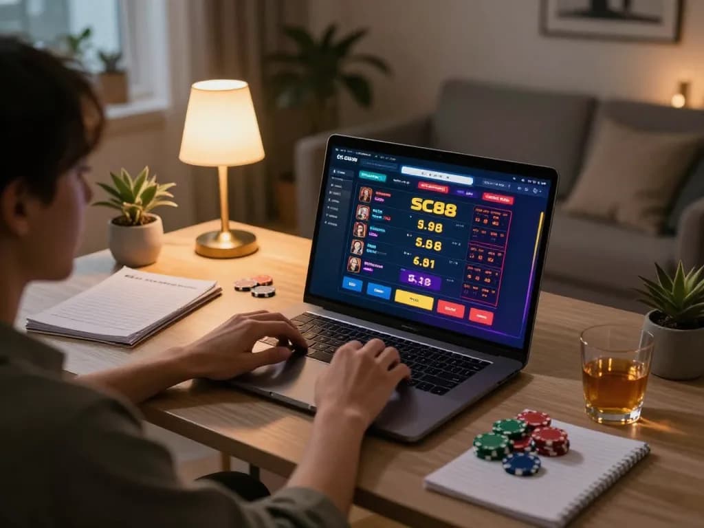 Engaged player experiencing live casino games at https://sc88.casino/ on stylish laptop with chips around
