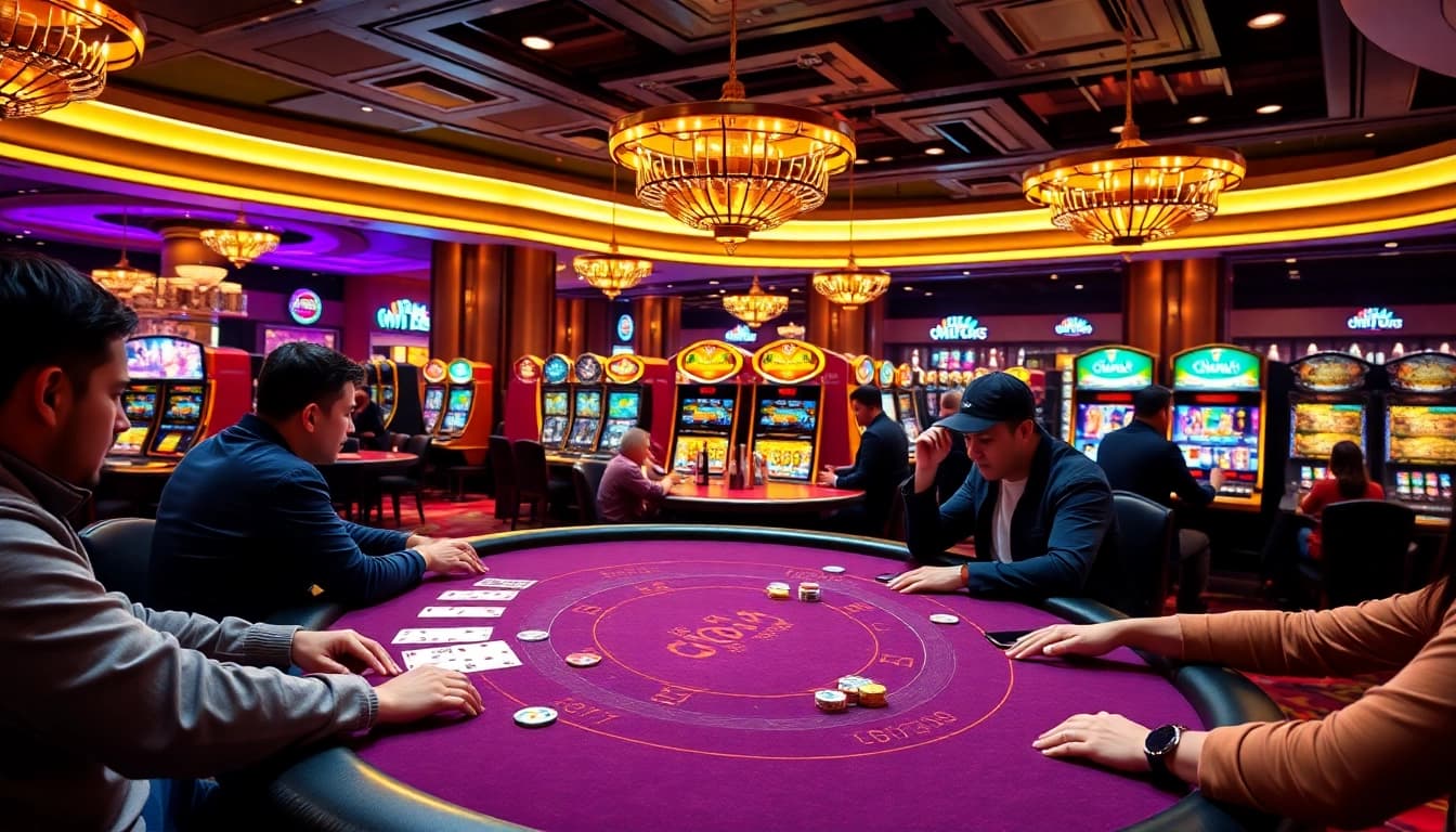 i9bet players enjoying a dynamic poker game at an upscale casino interface.