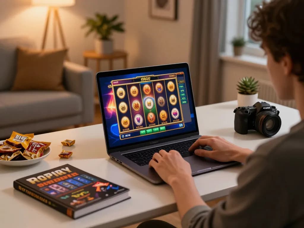 Pemain permainan daring yang menarik di hydrabeercompany menikmati slot RTP tinggi di laptop modern di rumah.