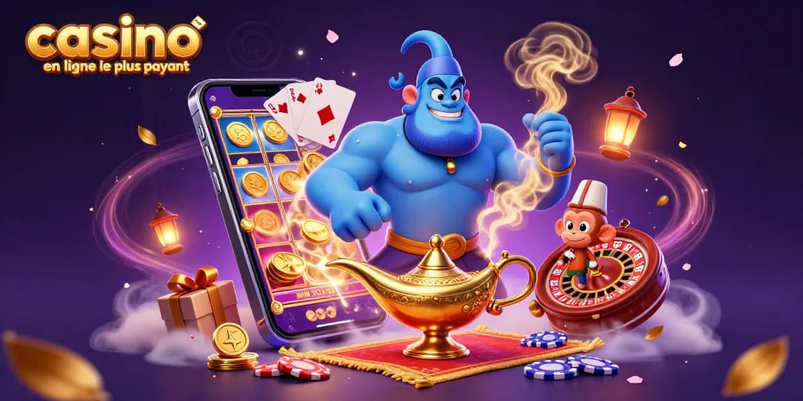 Vivez des moments palpitants au casino en ligne le plus payant avec une illustration 3D vibrante d'un casino mettant en scène un génie magique et des jeux de machines à sous.