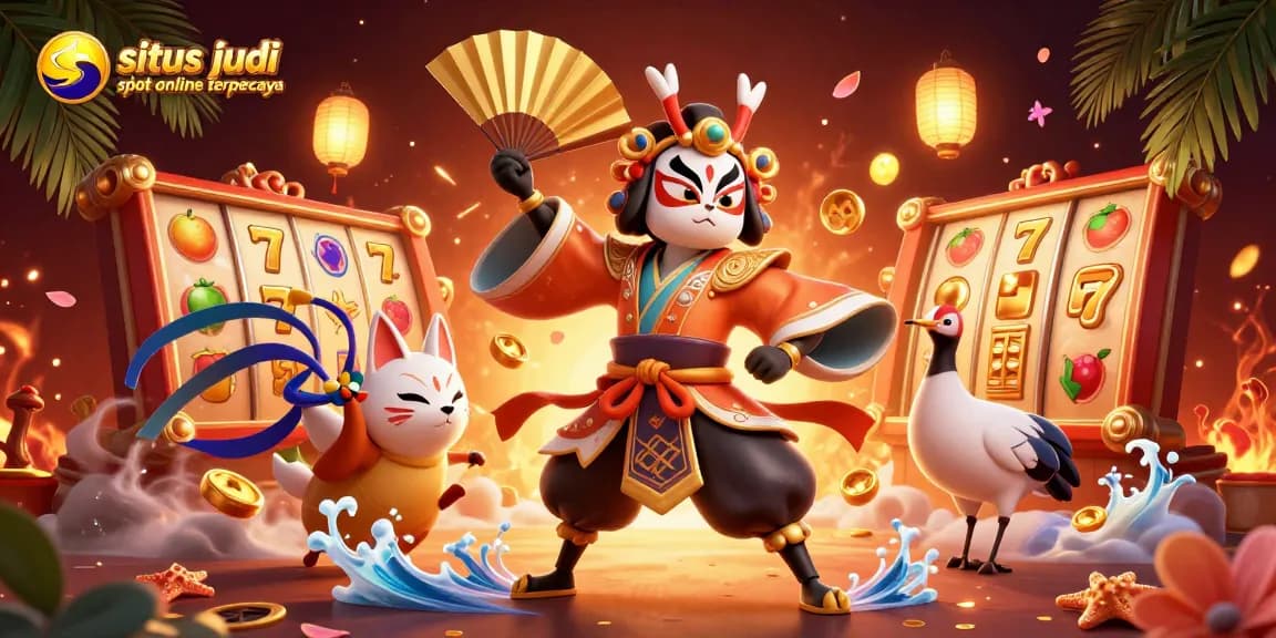 Engage with the dynamic scene of situs judi slot online terpercaya featuring vibrant characters and thrilling slot elements.