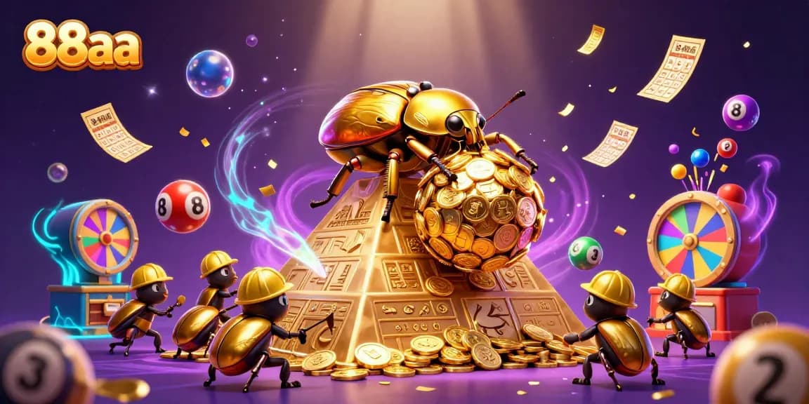 Engage with the vibrant world of 88aa, where golden beetles roll a fortune in coins amid dynamic lottery elements.