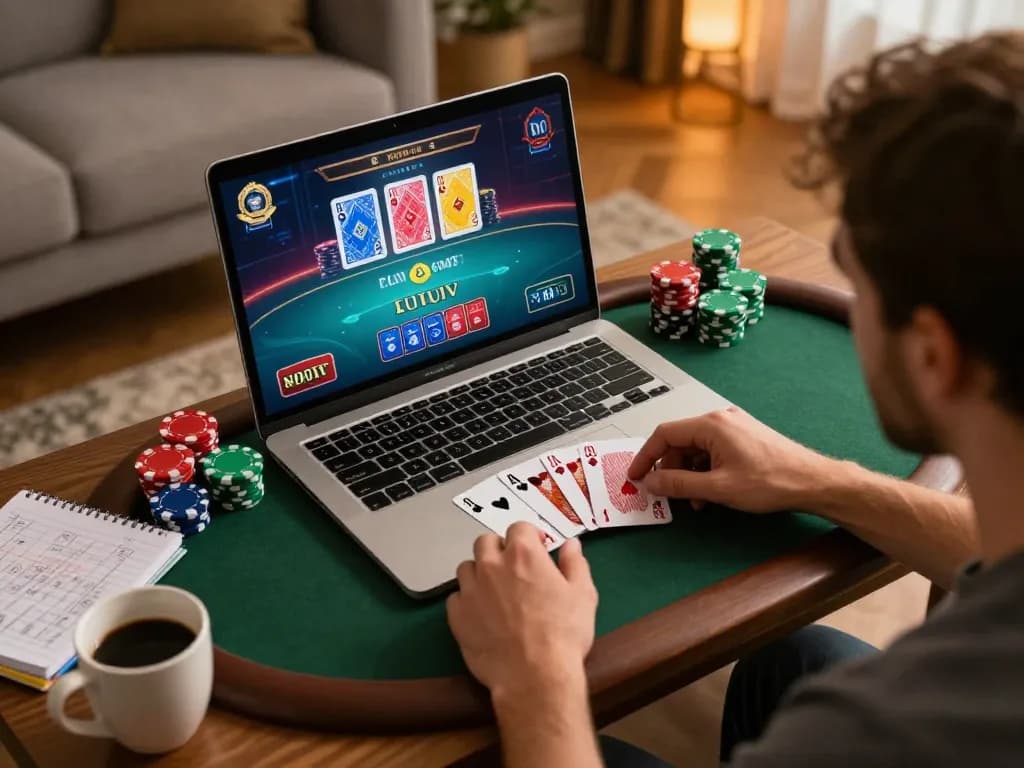 Engaging in strategic poker online at TG88, showcasing a laptop with vibrant gameplay and focused atmosphere.