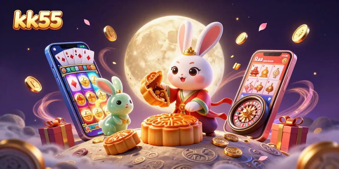 Engage in thrilling slot games with kk55 under the moonlight with poker chips and dazzling elements.