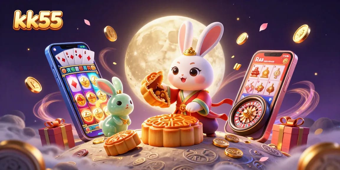 Engage in thrilling slot games with kk55 under the moonlight with poker chips and dazzling elements.