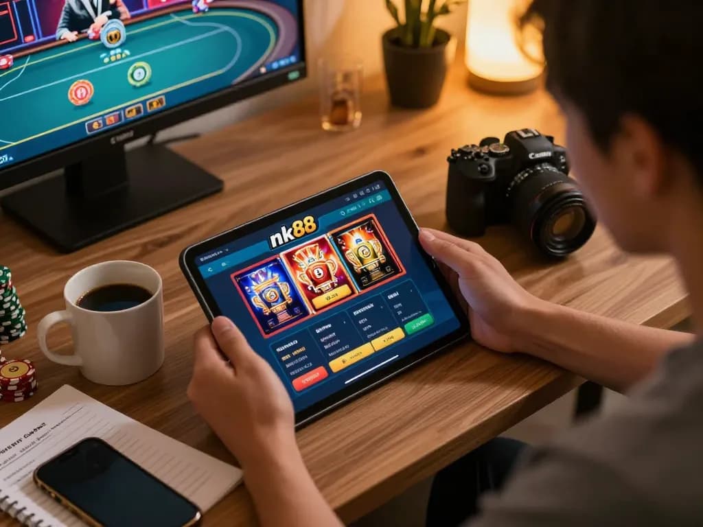 Engagingly playing nk88 online poker on a tablet in a cozy home setup.