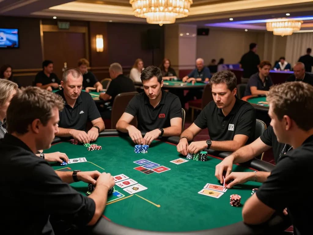 B52CLUB poker players strategizing at an upscale casino, showcasing intense gameplay atmosphere.