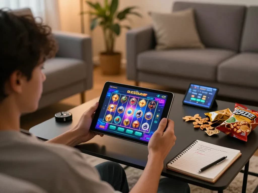 B52club player enjoying online slots on a tablet in a cozy home gaming setup.