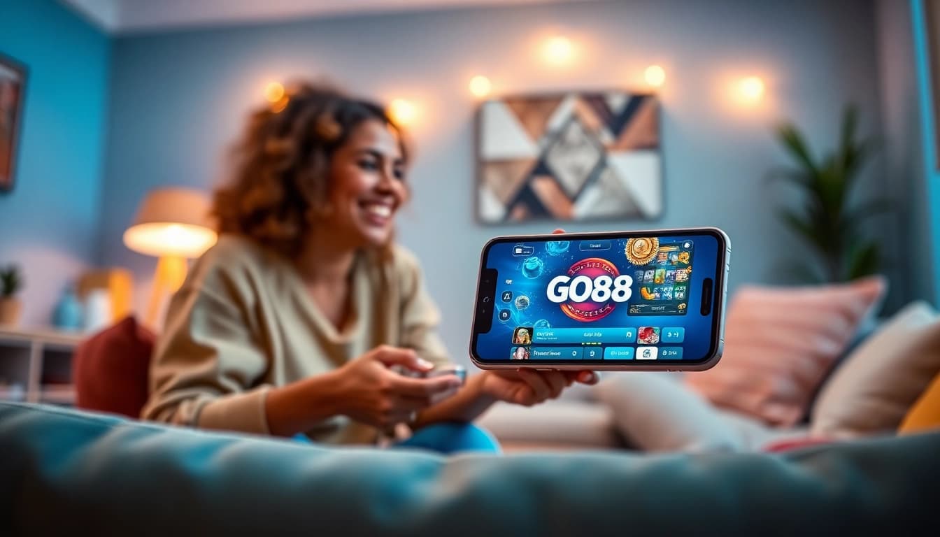 Tải GO88 app interface displayed on smartphone in a cozy gaming environment.
