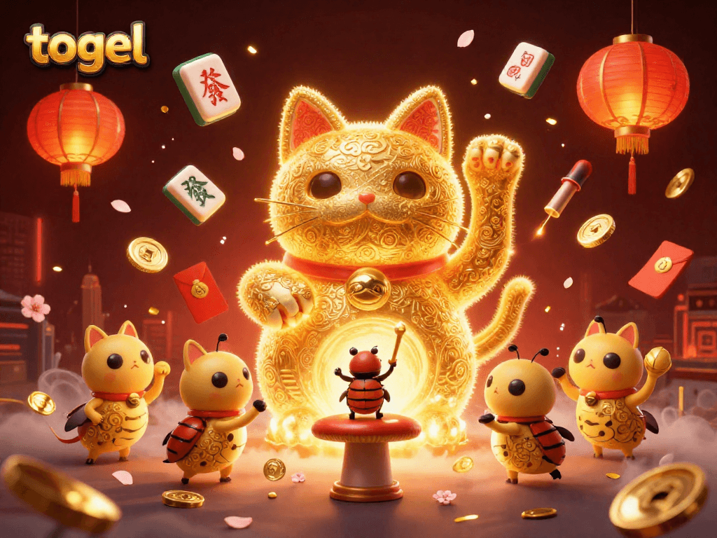 Unleash your luck with togel's vibrant 3D gaming world featuring animated symbols and a lucky cat.